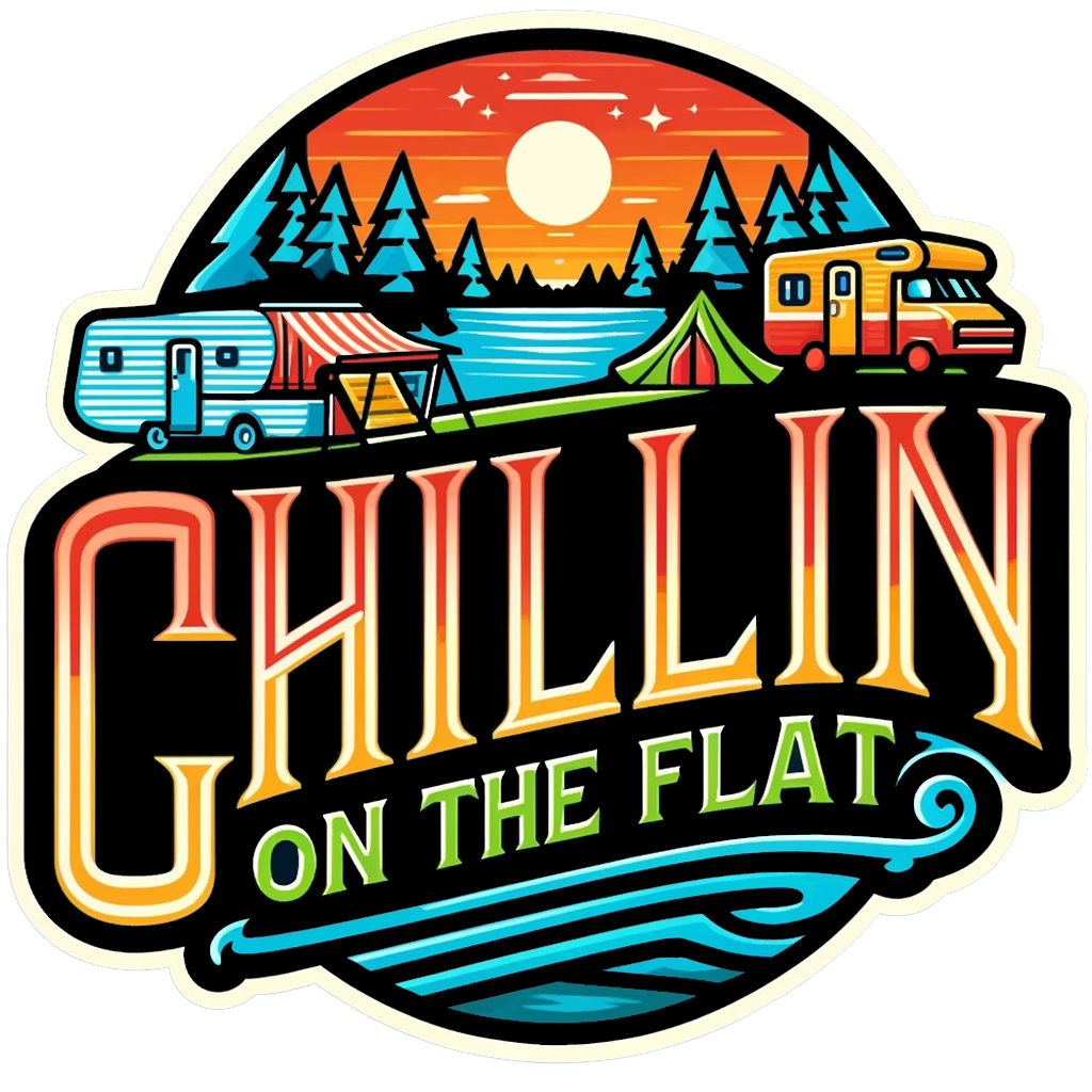 Chillin On The Flat RV park logo, a colorful illustrated badge with campers, tents, and lake