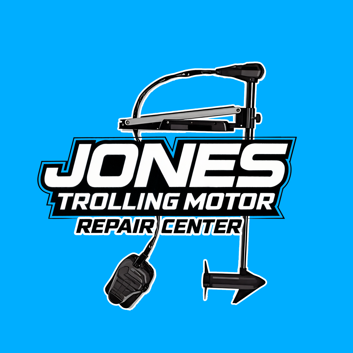 Jones Trolling Motor Repair Center logo with bold lettering and trolling motor illustration